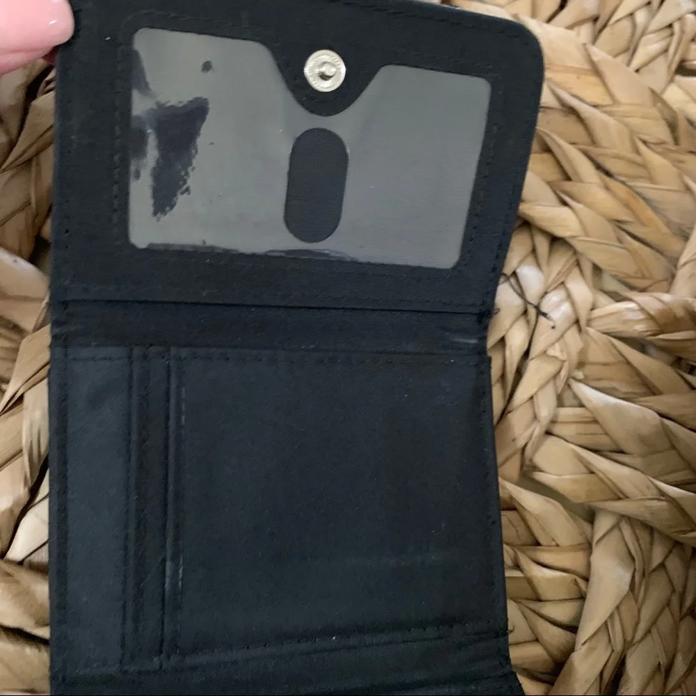 Black faux leather wallet w/fabric on front